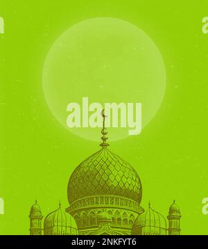 Grüne Moschee-Silhouette und Vorlage für Vollmond-Hintergrund mit Kopierbereich. Stockfoto