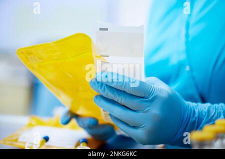 Nahaufnahme eines Labortechnikers, der eine wissenschaftliche Probe in einem mikrobiologischen Labor hält Stockfoto