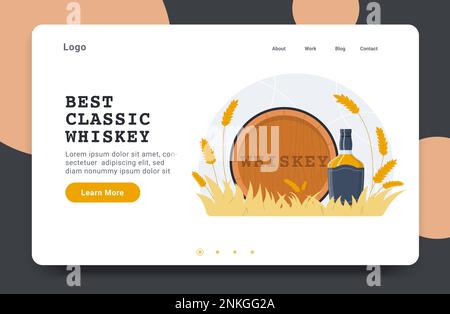Landing-Page für die Whiskey-Produktion auf einer flachen Website mit anklickbaren Links Schaltflächen Bilder von Fässern und Flaschen Vektorabbildungen Stock Vektor