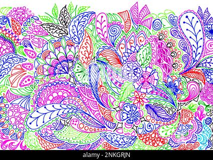 Doodle farbenfrohe Tapete mit Blumenmuster im Hintergrund. Stockfoto