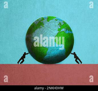 Abbildung von zwei Männern, die den Planeten Erde gegeneinander drücken Stockfoto