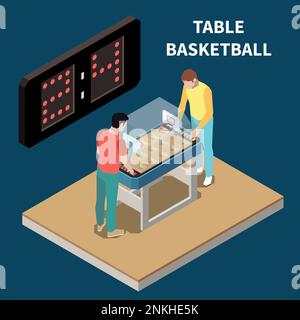 Isometrisches Set für Indoor- und Tischspiele mit Leuten, die Tischbasketball spielen, Vektordarstellung Stock Vektor