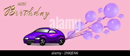 Glückwunsch zum Geburtstag mit Ballons und mit dem Auto Stockfoto