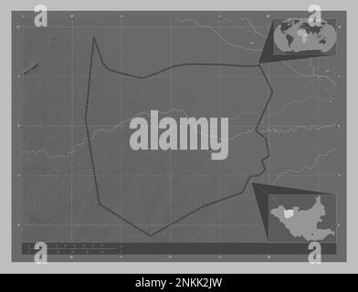 Im Norden von Bahr-el-Ghazal, Bundesstaat Südsudan. Grauskala-Höhenkarte mit Seen und Flüssen. Standorte der wichtigsten Städte der Region. Ecke zusatzgeräte Stockfoto