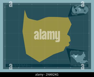 Im Norden von Bahr-el-Ghazal, Bundesstaat Südsudan. Durchgehende Farbform. Standorte und Namen der wichtigsten Städte der Region. Eckkarten für zusätzliche Standorte Stockfoto
