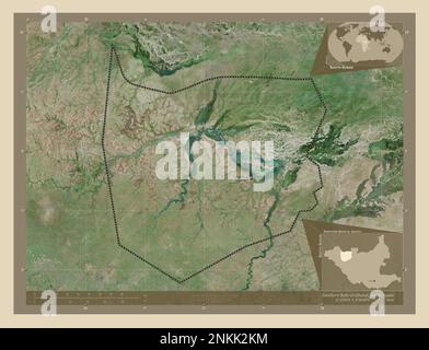 Im Norden von Bahr-el-Ghazal, Bundesstaat Südsudan. Hochauflösende Satellitenkarte. Standorte und Namen der wichtigsten Städte der Region. Ecke Zusatzanschluss Stockfoto