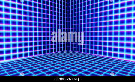 Neon-Zimmerecke mit 80s-Laser-Raster im Synthwave-Stil. 3D Innenraum mit Drahtmodell Neonwänden. Stock Vektor
