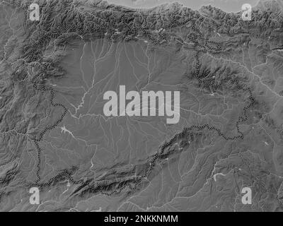 Castilla y Leon, autonome Gemeinschaft Spaniens. Grauskala-Höhenkarte mit Seen und Flüssen Stockfoto