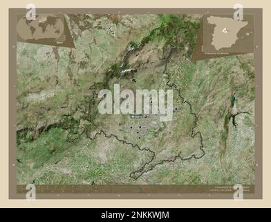 Comunidad de Madrid, autonome Gemeinschaft Spaniens. Hochauflösende Satellitenkarte. Standorte und Namen der wichtigsten Städte der Region. Ecken-Zusatzgerät Stockfoto