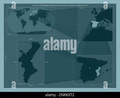 Comunidad Valenciana, autonome Gemeinschaft Spaniens. Diagramm, das die Position der Region auf Karten mit größerem Maßstab zeigt. Zusammensetzung der Vektorrahmen und Stockfoto