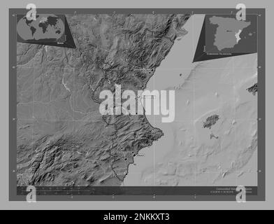 Comunidad Valenciana, autonome Gemeinschaft Spaniens. Bilevel-Höhenkarte mit Seen und Flüssen. Standorte und Namen der wichtigsten Städte der Region. C Stockfoto