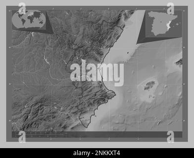 Comunidad Valenciana, autonome Gemeinschaft Spaniens. Grauskala-Höhenkarte mit Seen und Flüssen. Eckkarten für zusätzliche Standorte Stockfoto