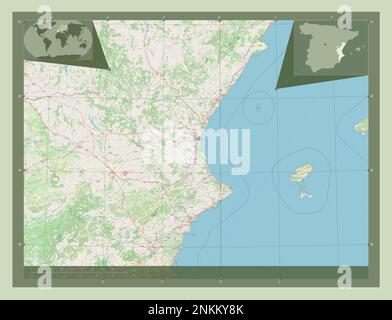 Comunidad Valenciana, autonome Gemeinschaft Spaniens. Straßenkarte Öffnen. Eckkarten für zusätzliche Standorte Stockfoto