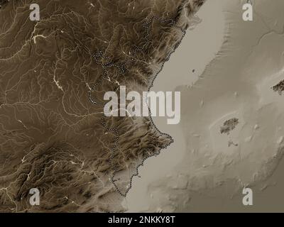 Comunidad Valenciana, autonome Gemeinschaft Spaniens. Höhenplan in Sepia-Tönen mit Seen und Flüssen Stockfoto