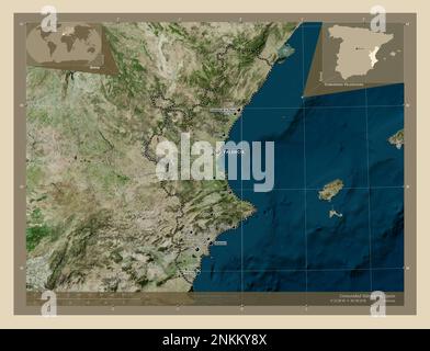 Comunidad Valenciana, autonome Gemeinschaft Spaniens. Hochauflösende Satellitenkarte. Standorte und Namen der wichtigsten Städte der Region. Ecke zusatzgeräte Stockfoto
