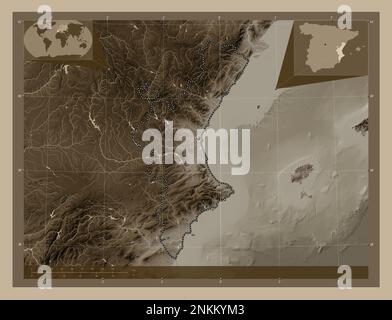 Comunidad Valenciana, autonome Gemeinschaft Spaniens. Höhenplan in Sepia-Tönen mit Seen und Flüssen. Eckkarten für zusätzliche Standorte Stockfoto