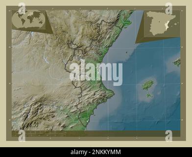 Comunidad Valenciana, autonome Gemeinschaft Spaniens. Höhenkarte im Wiki-Stil mit Seen und Flüssen. Eckkarten für zusätzliche Standorte Stockfoto