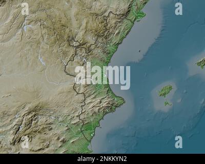 Comunidad Valenciana, autonome Gemeinschaft Spaniens. Höhenkarte im Wiki-Stil mit Seen und Flüssen Stockfoto