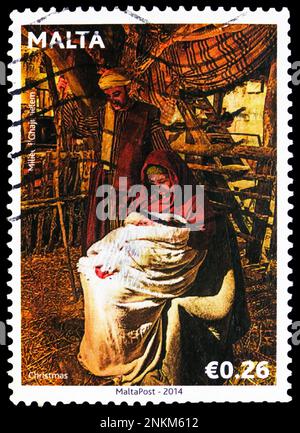 MOSKAU, RUSSLAND - 15. FEBRUAR 2023: Auf Malta gedruckte Briefmarken zeigen Weihnachten 2014, Serie, um 2014 Stockfoto