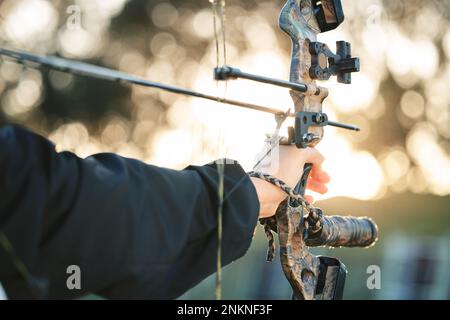 Hände, Bogen und Pfeil mit Ziel, Training und Übung für Ziel, Mission und Lernen für Sport. Schießstand, Wettkampf und Bogenschütze mit Stockfoto