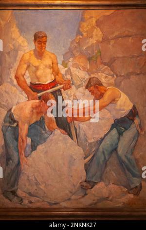 England, Dorset, Dorchester, Dorset Museum, Gemälde mit dem Titel „Dorset Quarrymen, Three Workers“ von Alfred Palmer aus dem Jahr 1940 Stockfoto