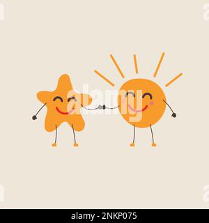 Logo von Sonne und Stern und Freunden. Freundschaft, Hilfe und Pflege – flache Ikone. Ein Cartoon-Vektor, der fröhliche Figuren lächelt, Sonne und Stern Stock Vektor