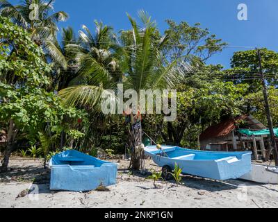 An einem wunderschönen Tag in Costa Rica in der Nähe von Nosara sitzen zwei blaue Fischerboote am Strand unter Palmen Stockfoto
