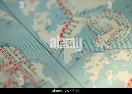 Standort von Nagasaki in japanischem Kanji, Retro alte Karte vor dem Zweiten Weltkrieg oder vor dem Atombombenangriff Stockfoto