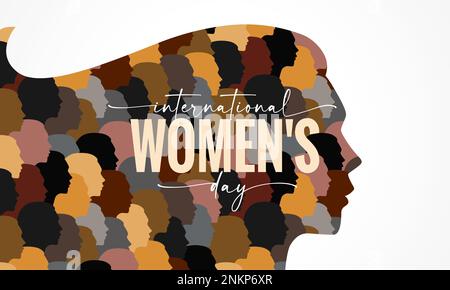 Banner zum Internationalen Frauentag mit der Silhouette eines Mädchens. Frauenposter mit weiblichen Gesichtern im Profil einer schönen Frau. Vektorkarte Stock Vektor