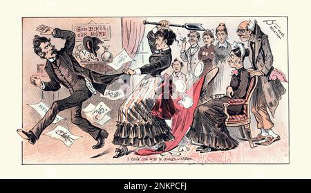 Vintage-Illustration, satirischer amerikanischer Cartoon über mormonismus-Polygamie, eine Frau reicht, Frau schlägt ihren Mann, 1880er, Puck Stockfoto