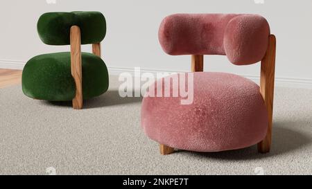 Möbel im Innenraum. Zwei stilvolle, moderne Sessel mit Holzbeinen. Weiches, flauschiges Material. Pinke und grüne Poufs. 3D-Rendering Stockfoto