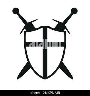 Schild mit Kreuz und zwei gekreuzten Schwertern Symbol, Vektordarstellung eines mittelalterlichen Schwertes isoliert auf einem weißen Stock Vektor