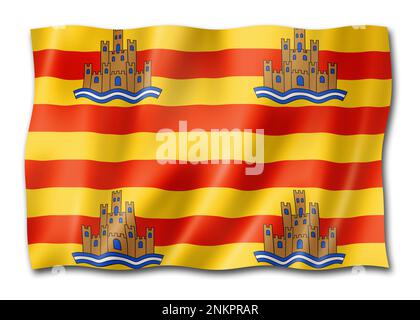 Ibiza, Flagge der Balearen, Spanien winkende Bannersammlung. 3D Abbildung Stockfoto