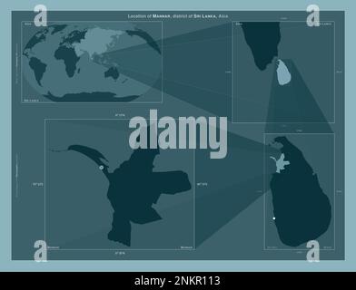 Mannar, Bezirk Sri Lanka. Diagramm, das die Position der Region auf Karten mit größerem Maßstab zeigt. Zusammensetzung von Vektorrahmen und PNG-Formen auf einem Volumenkörper Stockfoto