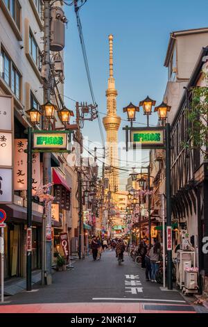 Blick auf den berühmten Tokyo Skytree von der Kaminarimon Yanagi-kōji Straße im alten Viertel Asakusa Stockfoto