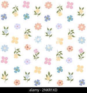 Farbenfrohes, nahtloses Blumenmuster auf weißem Hintergrund. Isolierte abstrakte Blüten einfacher Form mit pastellfarbenen Blättern. Hübscher Mädchendruck Stockfoto