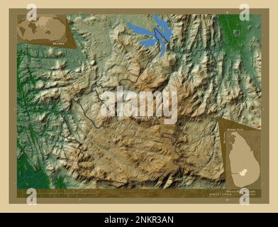 Nuwara Eliya, Bezirk Sri Lanka. Farbige Höhenkarte mit Seen und Flüssen. Standorte und Namen der wichtigsten Städte der Region. Ecken-Zusatzgerät Stockfoto