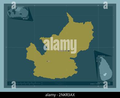 Nuwara Eliya, Bezirk Sri Lanka. Durchgehende Farbform. Standorte und Namen der wichtigsten Städte der Region. Eckkarten für zusätzliche Standorte Stockfoto