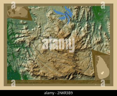 Nuwara Eliya, Bezirk Sri Lanka. Farbige Höhenkarte mit Seen und Flüssen. Eckkarten für zusätzliche Standorte Stockfoto