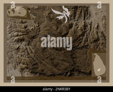 Nuwara Eliya, Bezirk Sri Lanka. Höhenplan in Sepia-Tönen mit Seen und Flüssen. Eckkarten für zusätzliche Standorte Stockfoto