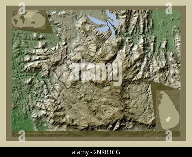 Nuwara Eliya, Bezirk Sri Lanka. Höhenkarte im Wiki-Stil mit Seen und Flüssen. Eckkarten für zusätzliche Standorte Stockfoto