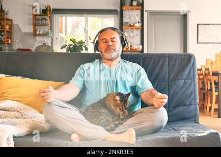 Reifer, übergewichtiger Mann mittleren Alters in kabellosen Kopfhörern, der sich zu Hause mit seiner Katze entspannt und Meditation führt, während er entspannte Musik auf dem Smartphone hört Stockfoto