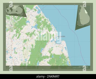 Trincomalee, Bezirk Sri Lanka. Straßenkarte Öffnen. Standorte und Namen der wichtigsten Städte der Region. Eckkarten für zusätzliche Standorte Stockfoto