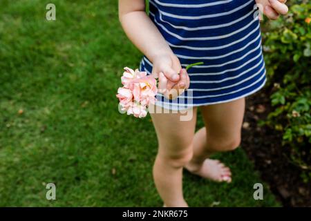 Ein junges Mädchen, das frisch gepflückte Blumen in der Hand hält Stockfoto