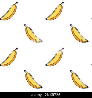 Süßes, gelbes Bananenmuster im Doodle-Stil. Vektor handgezeichnete Cartoon-Bananenabbildung. Handgezeichnete Skizze von Banane. Muster für Kinderkleidung. Stock Vektor