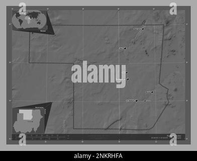 Nord, Staat Sudan. Bilevel-Höhenkarte mit Seen und Flüssen. Standorte und Namen der wichtigsten Städte der Region. Lage der Zusatzgeräte an der Ecke ma Stockfoto