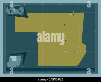 Nord, Staat Sudan. Durchgehende Farbform. Standorte und Namen der wichtigsten Städte der Region. Eckkarten für zusätzliche Standorte Stockfoto