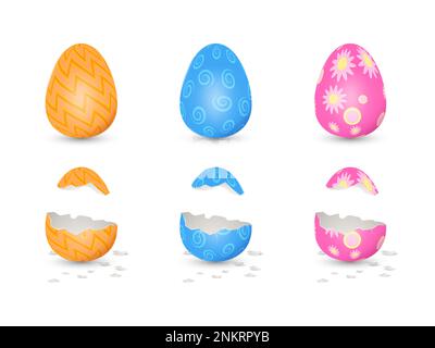 3D Kaninchen-osterei. Happy Yellow april mit gemusterten Elementen, Tiernahrung, goldenen Frühlingskarten oder Bannervorlage. Gesamtes and Stock Vektor