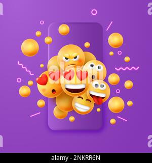3D fröhliche lachende Emoji, Smartphone-fröhliche Ikonen. Fröhliche Ballgesichter, Emoticons für Telefonchats, Rendern isolierter glänzender Elemente, Online-Nachrichten. Liebe Stock Vektor