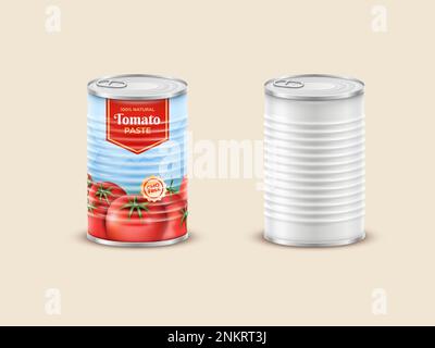 Tomatenpaste-Verpackung. Soße für 3D Picknick-Etikett. Blechmodell. Naturkost aus rotem Gemüse. Merchandise-Artikel anzeigen. Ketchup-Paketvorlage. Lebensmittelhersteller Stock Vektor
